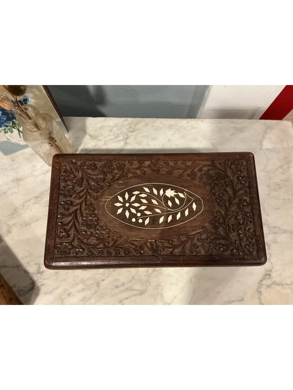 Vintage Indian Carved Wood Bone Inlay Box